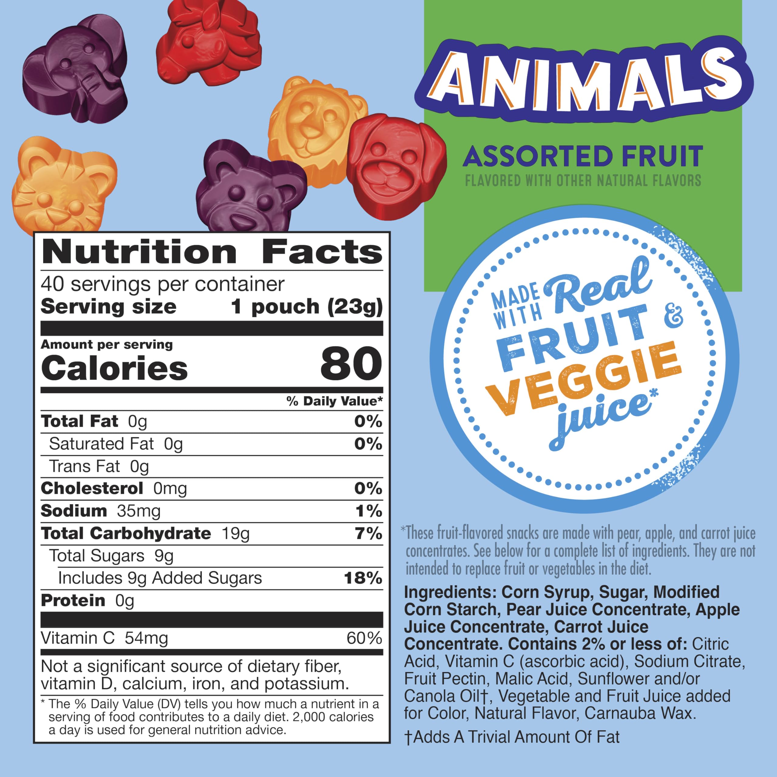 Close-up of Mott's snacks with pear, apple, and carrot juice concentrates.