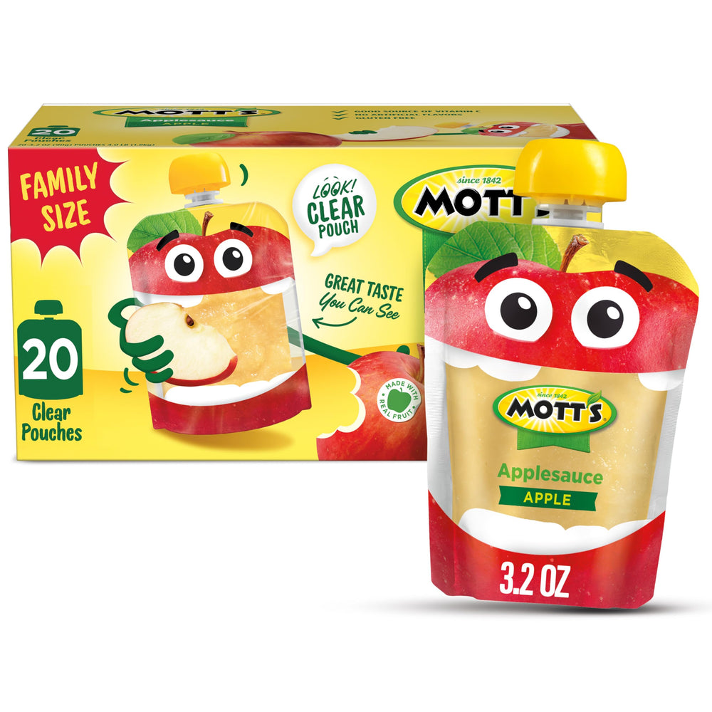 Mott's Applesauce clear pouch snack on the go, mess-free for busy families.