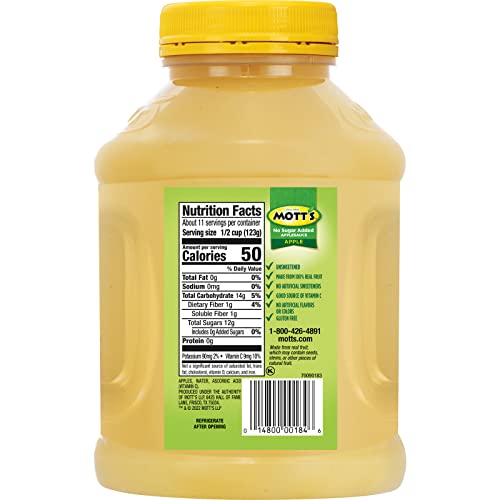 Motts applesauce jar closeup showing nutrition label and ingredients