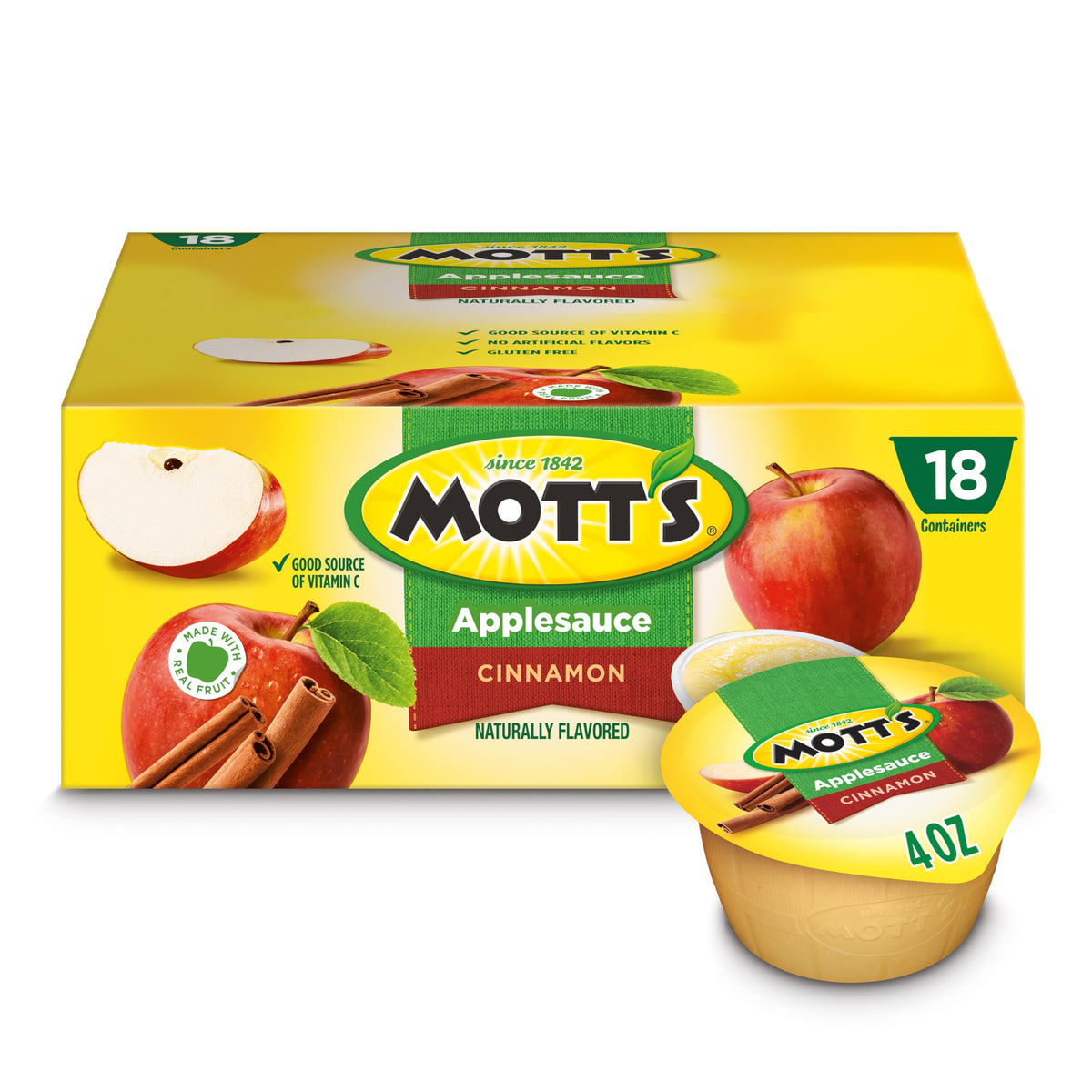 Mott's Cinnamon Applesauce 4oz cups pack offers a portable, kid-friendly snack.