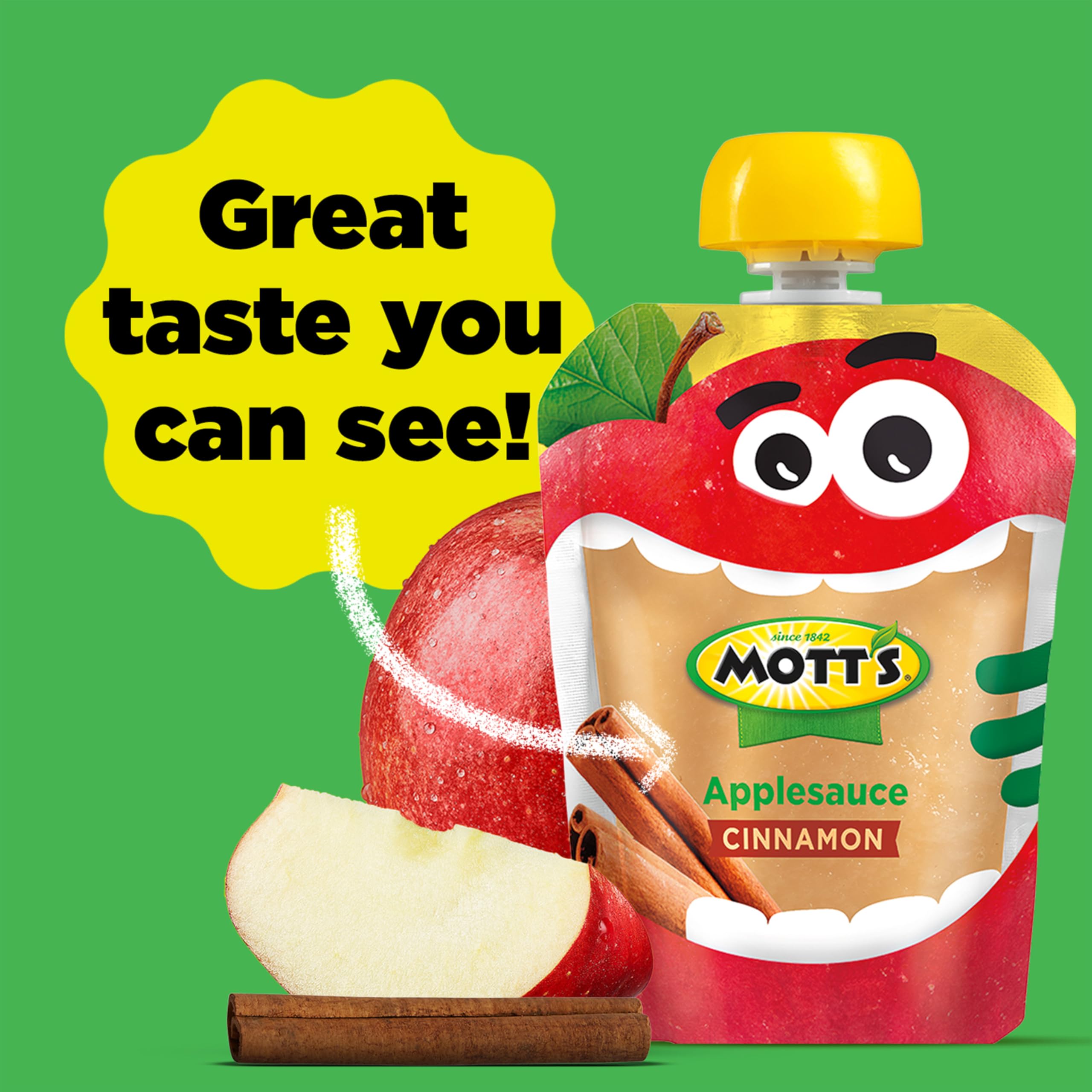 Mott's Cinnamon Applesauce pouch close-up highlights ripe flavor