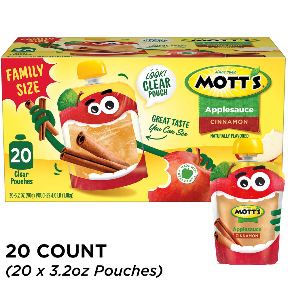 Mott's Cinnamon Applesauce on-the-go snack in a portable clear pouch