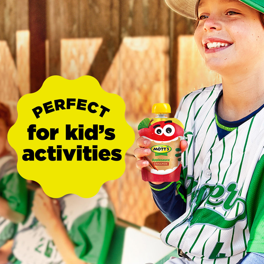 Mott's Cinnamon Applesauce pouch packaging shown for grab-and-go options