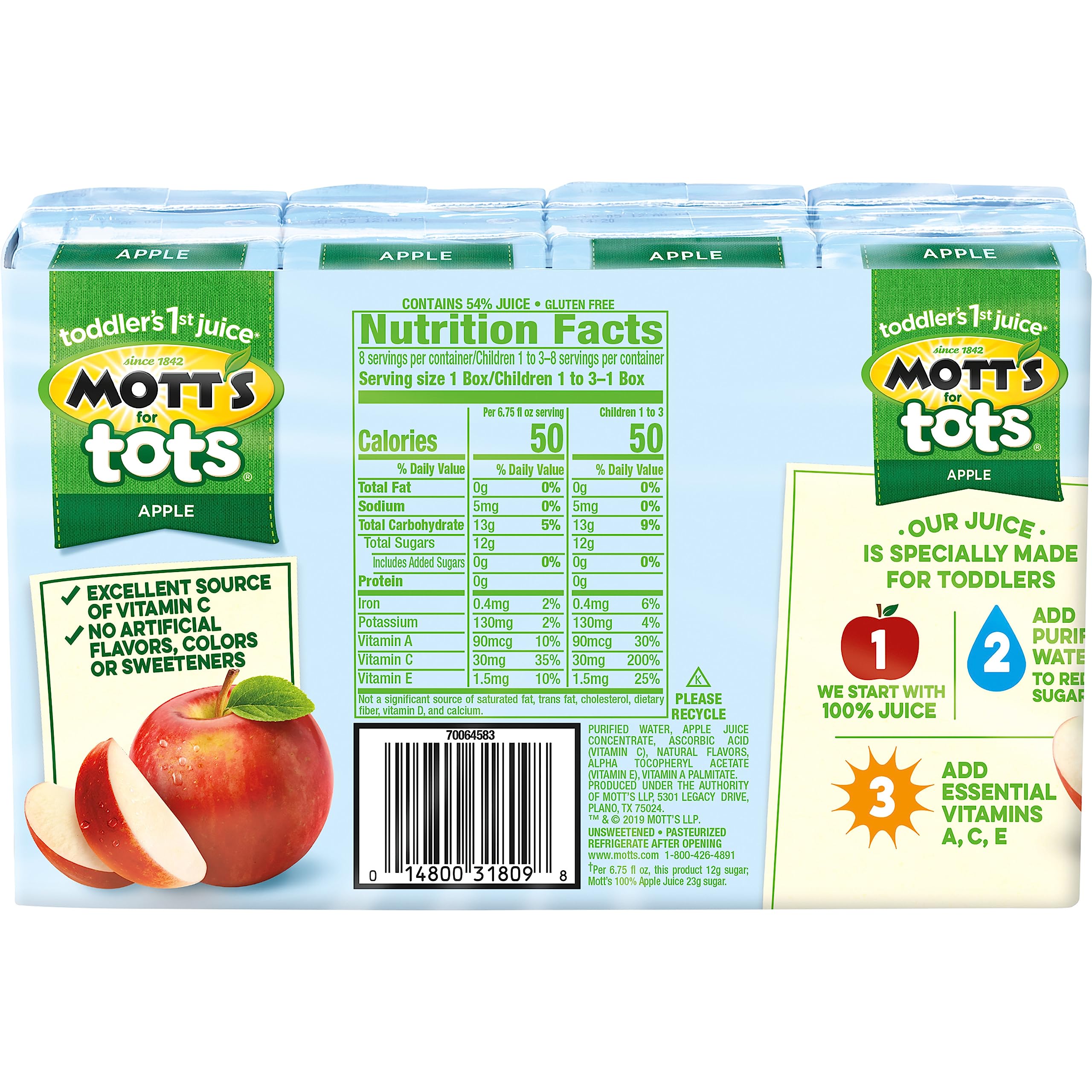 Mott's For Tots Apple juice box closeup highlighting natural apple flavor.
