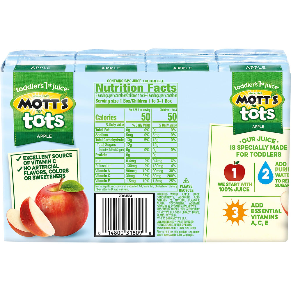 Mott's For Tots Apple juice box closeup highlighting natural apple flavor.