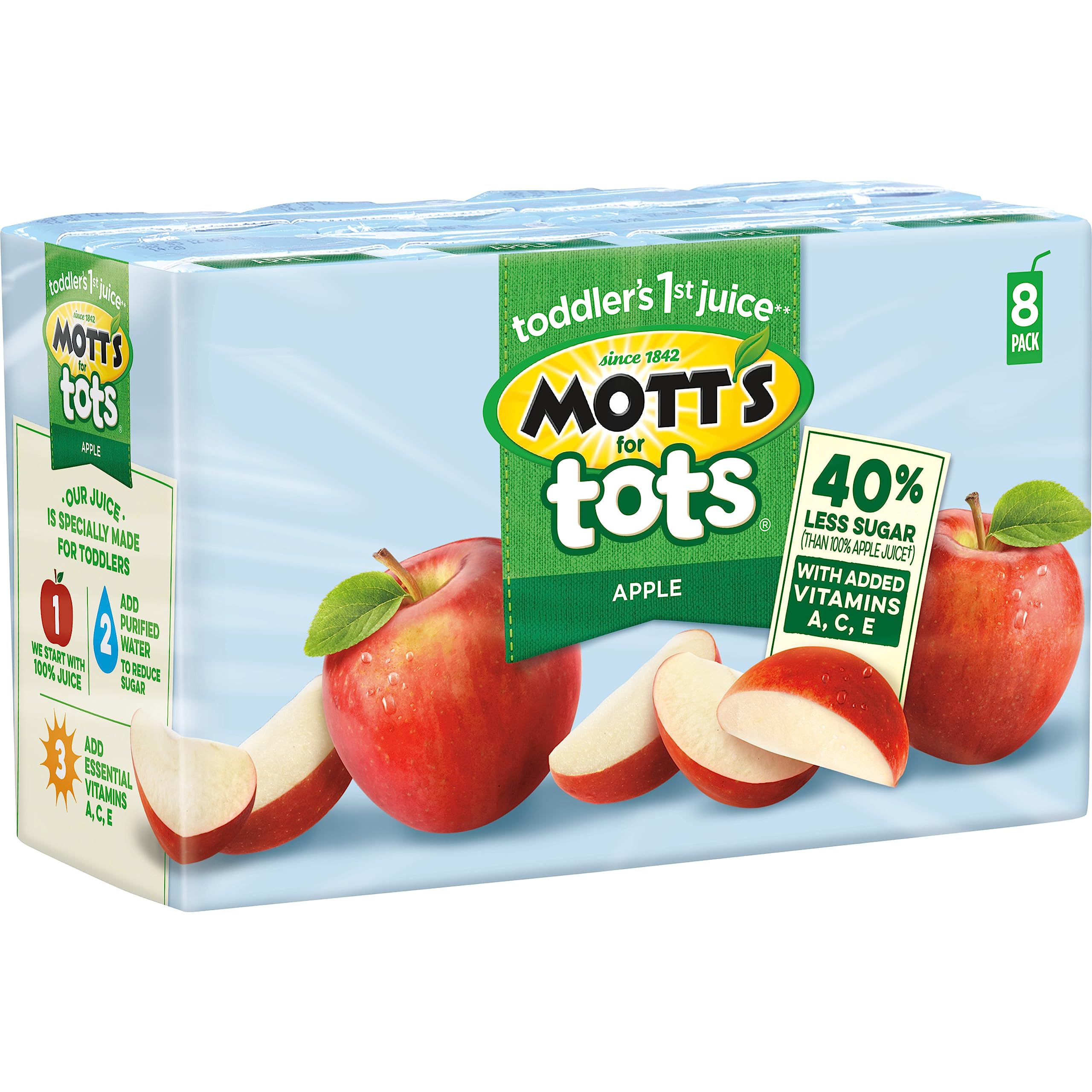 Purified water blend in Mott's For Tots Apple juice for light refreshment.