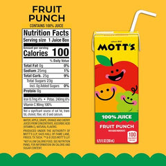 Mott's fruit punch label highlights 100 percent juice and no added sugar.