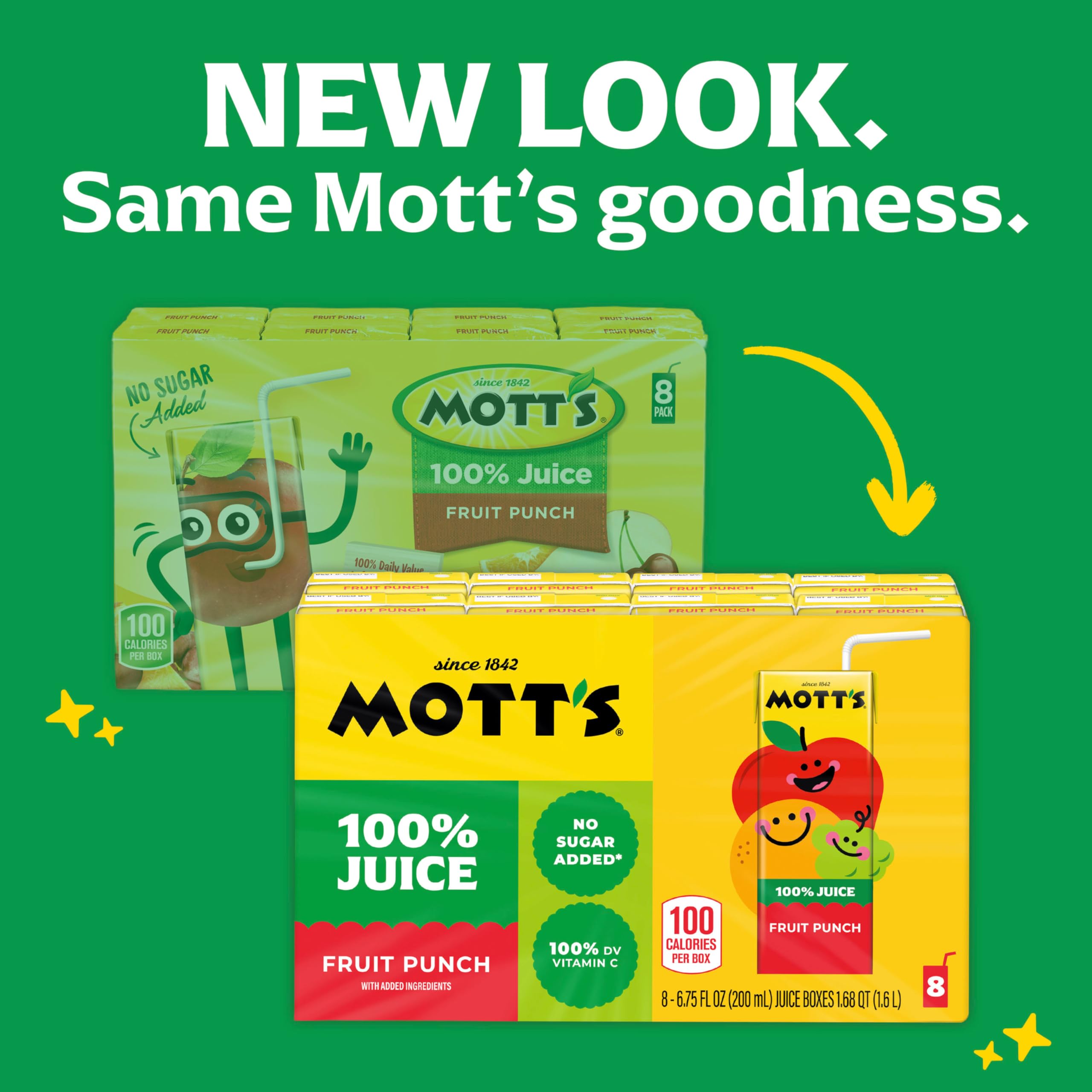 Mott's fruit punch 4-pack packaging displayed on a kitchen counter.