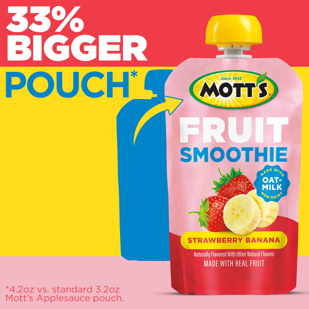 Mott’s clear 4.2 oz pouch showcases fruit chunks and vibrant color.
