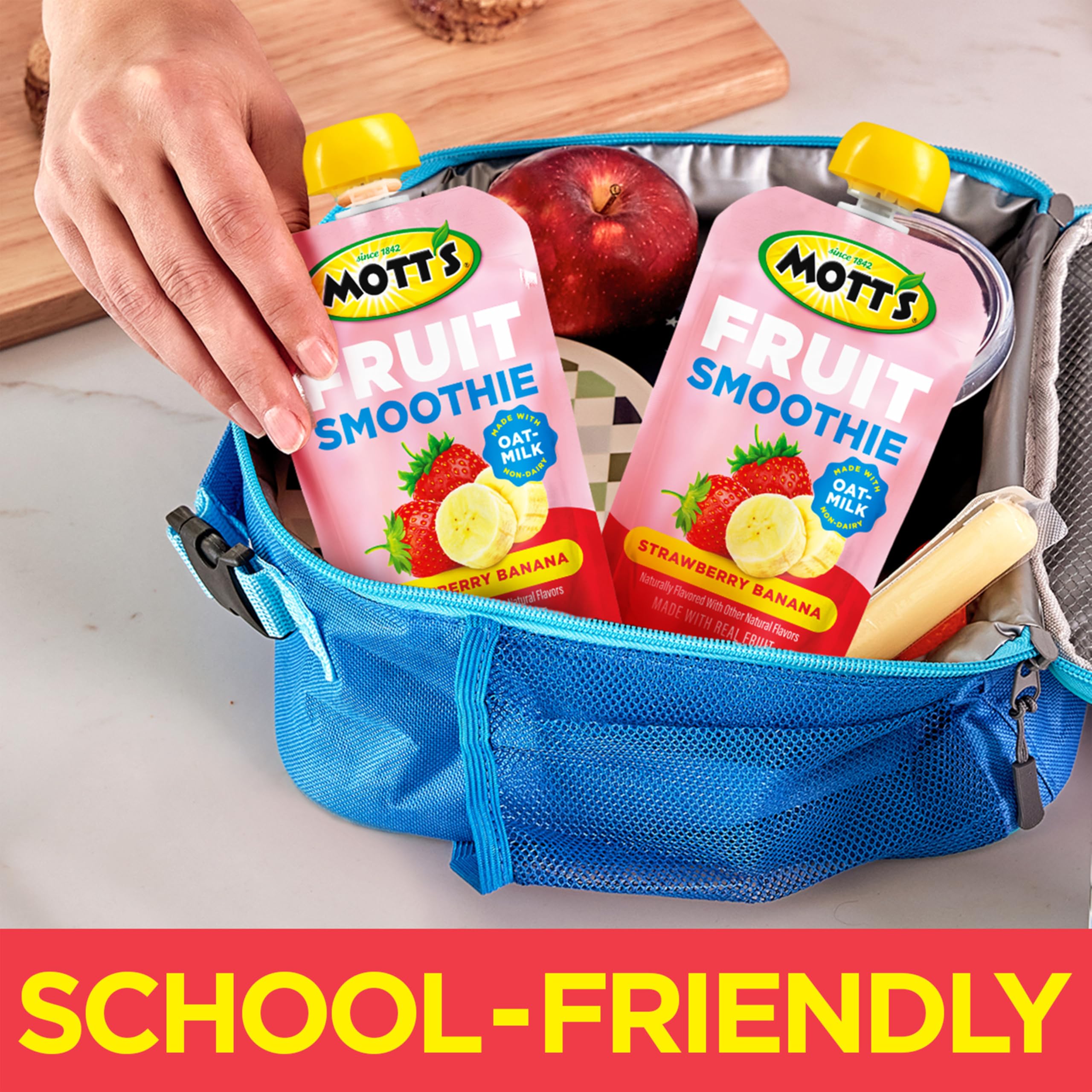 Mott’s Smoothies on-the-go pack image evokes quick snacks during commutes.