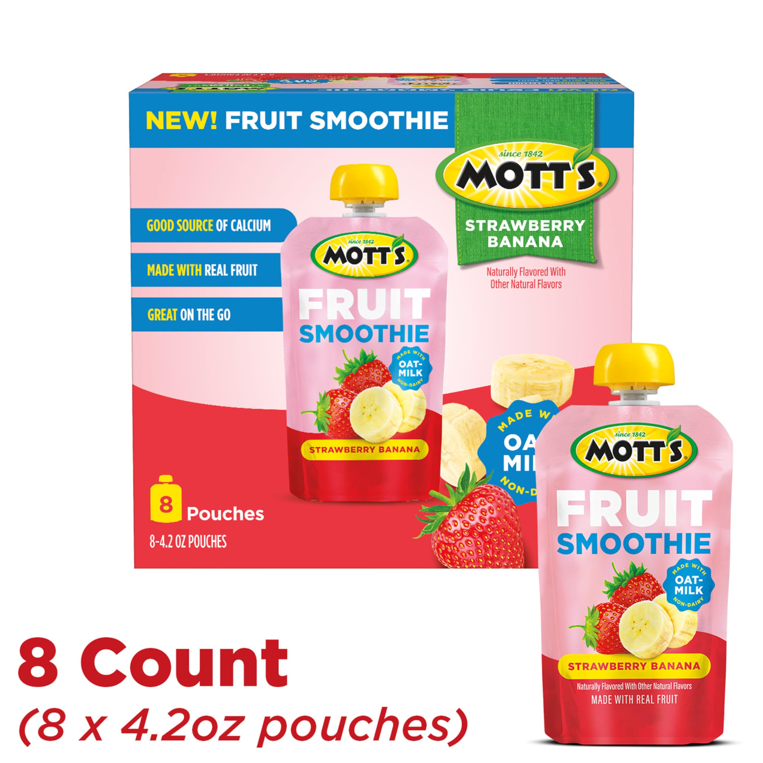 Mott’s Fruit Smoothies real-fruit ingredients shot emphasizes natural flavors.