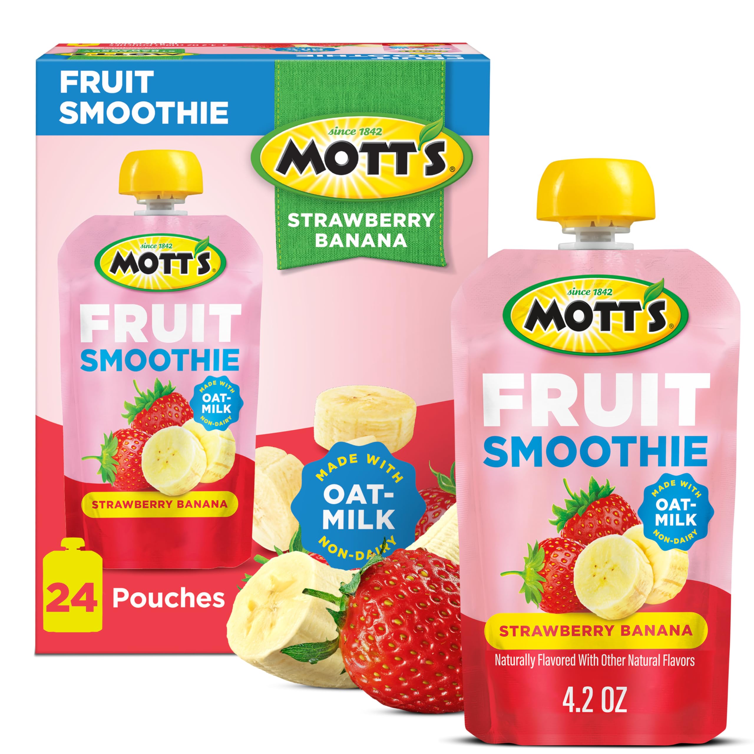 Mott’s Fruit Smoothies strawberry banana pouch with real fruit for on-the-go snacking.