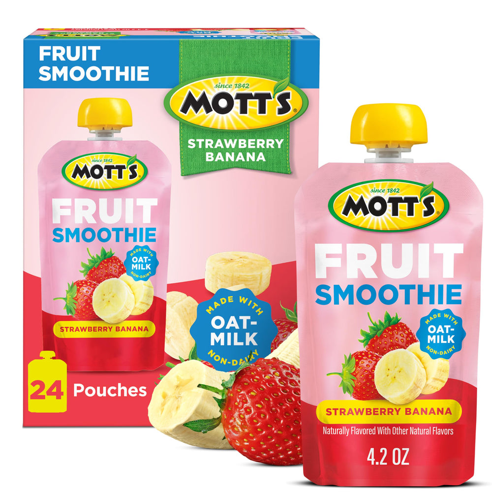 Mott’s Fruit Smoothies strawberry banana pouch with real fruit for on-the-go snacking.