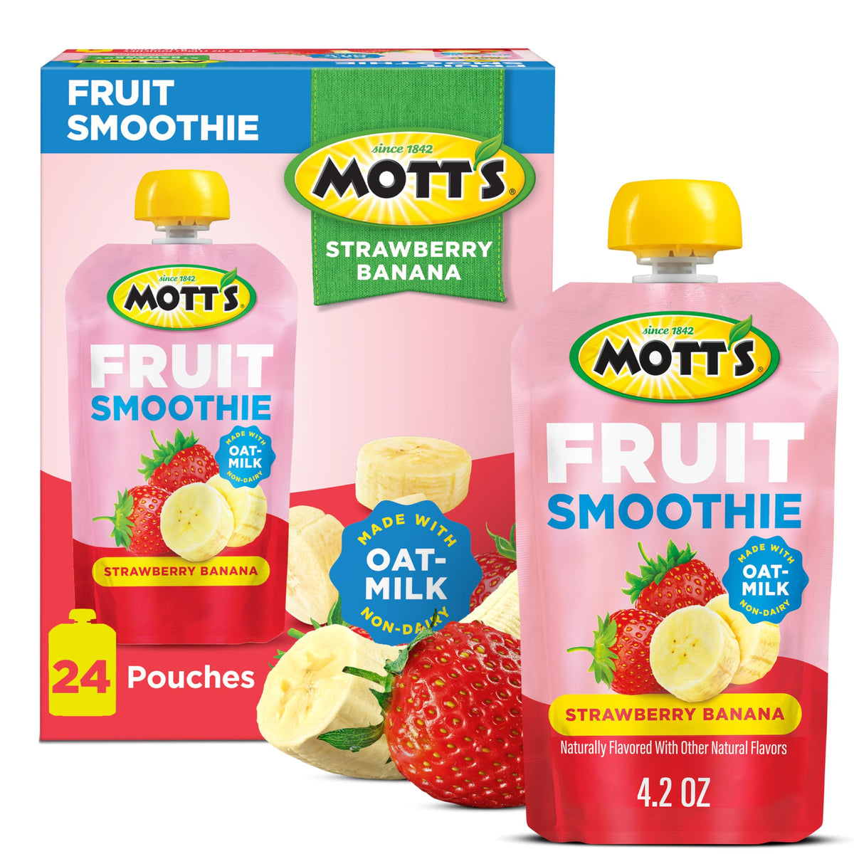 Mott’s Fruit Smoothies strawberry banana pouch with real fruit for on-the-go snacking.