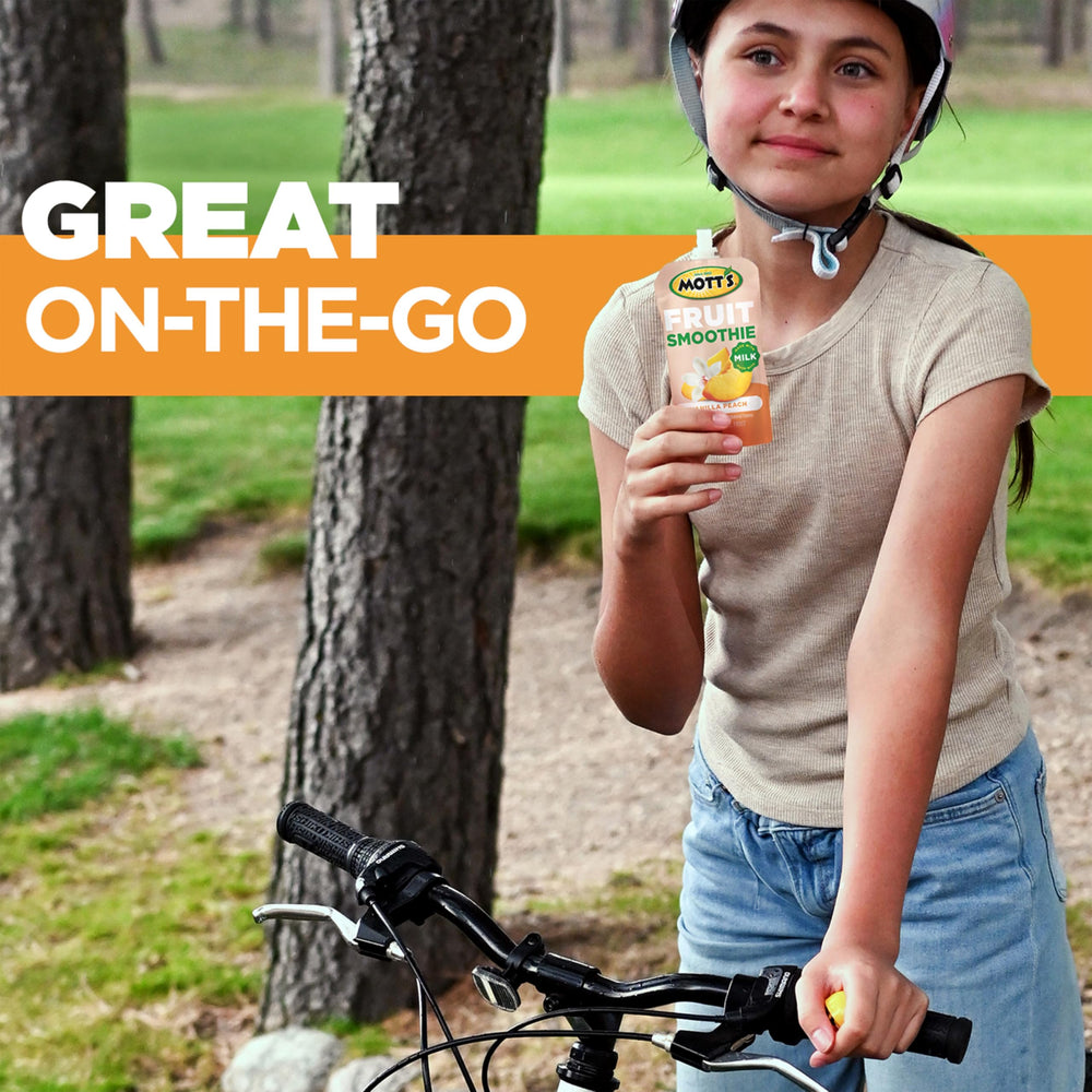 Backpack side-pocket with Mott’s Vanilla Peach smoothie for on-the-go.