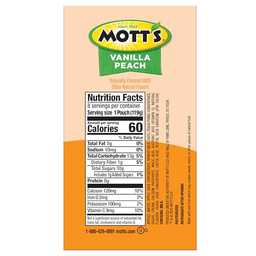 Close-up of Mott’s Vanilla Peach label highlighting real fruit.