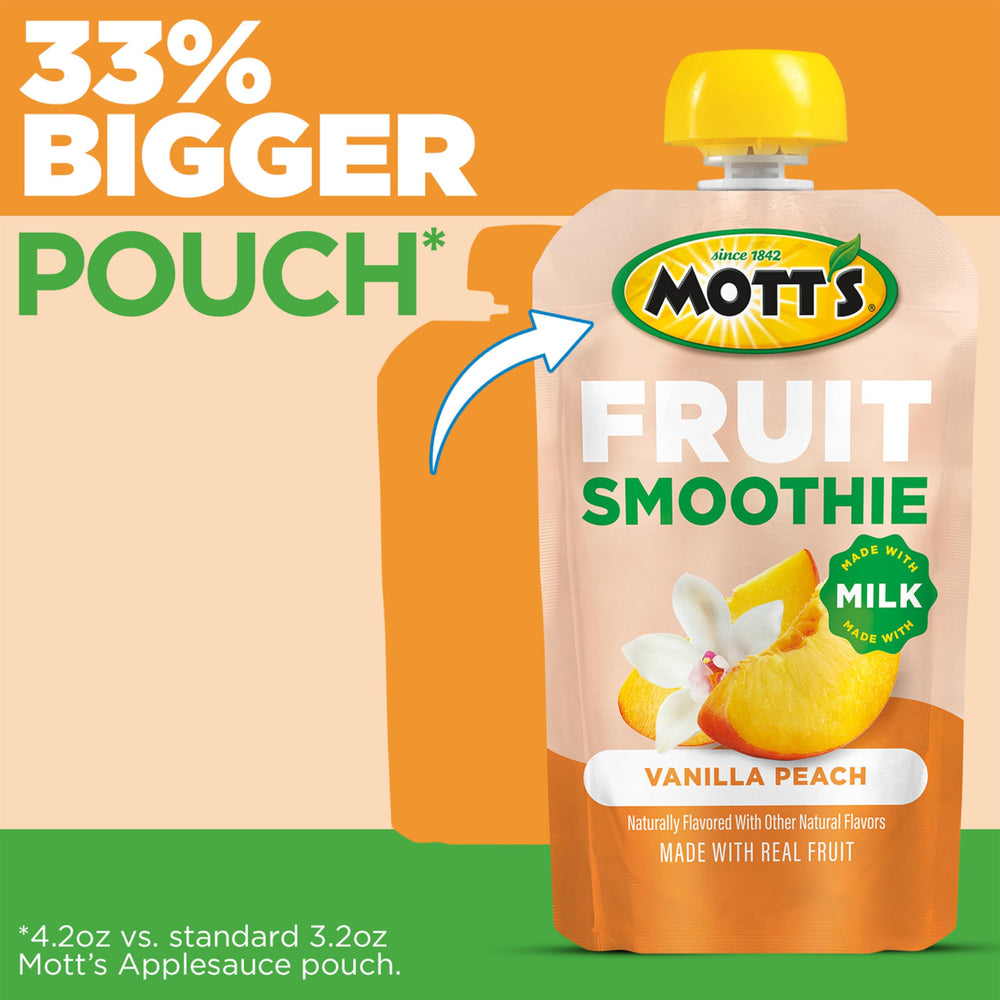 Milk-based smoothie poured into glass from Motts pouch.
