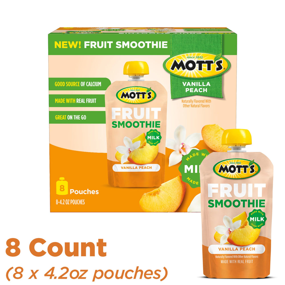 8-pack display of Motts Vanilla Peach smoothies for family snacks.