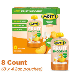 8-pack display of Motts Vanilla Peach smoothies for family snacks.