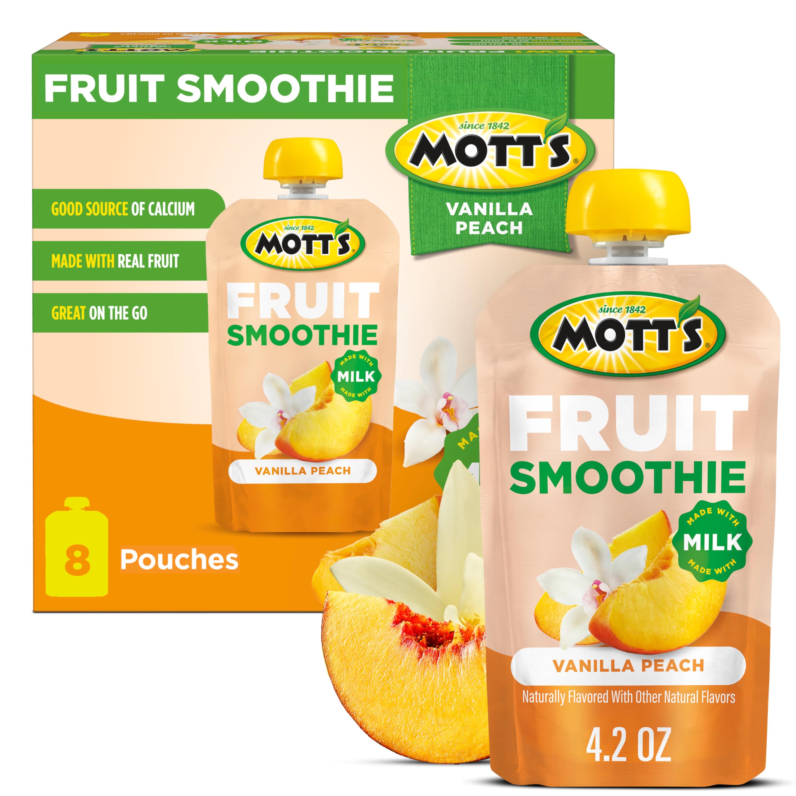 Mott’s Fruit Smoothies Vanilla Peach pouch front view, portable real-fruit snack.