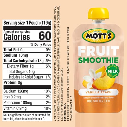 Pour shot of Mott’s Vanilla Peach smoothie showing creamy texture.