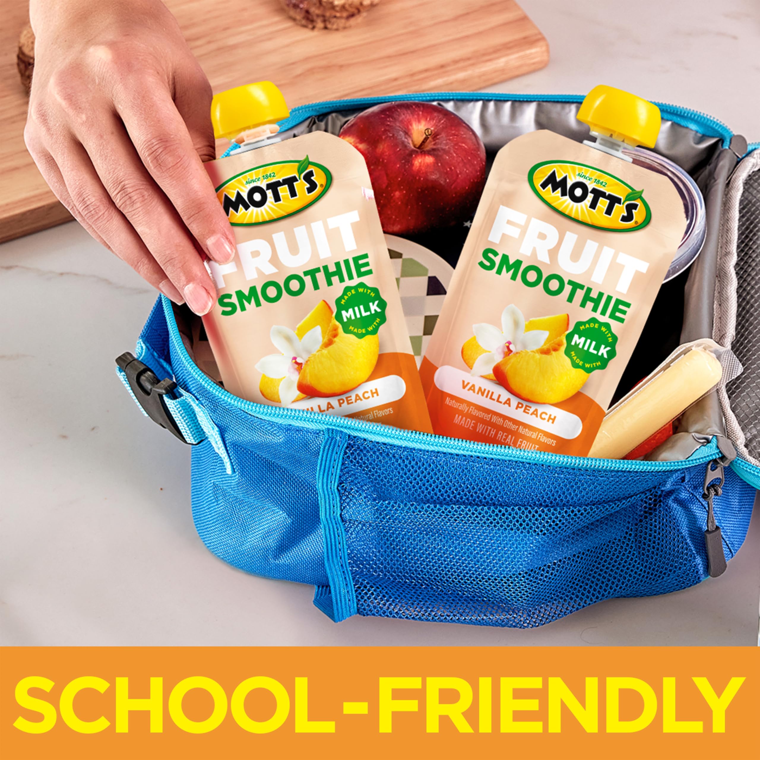 Refrigerator shelf with Motts pouches for easy grab-and-go.