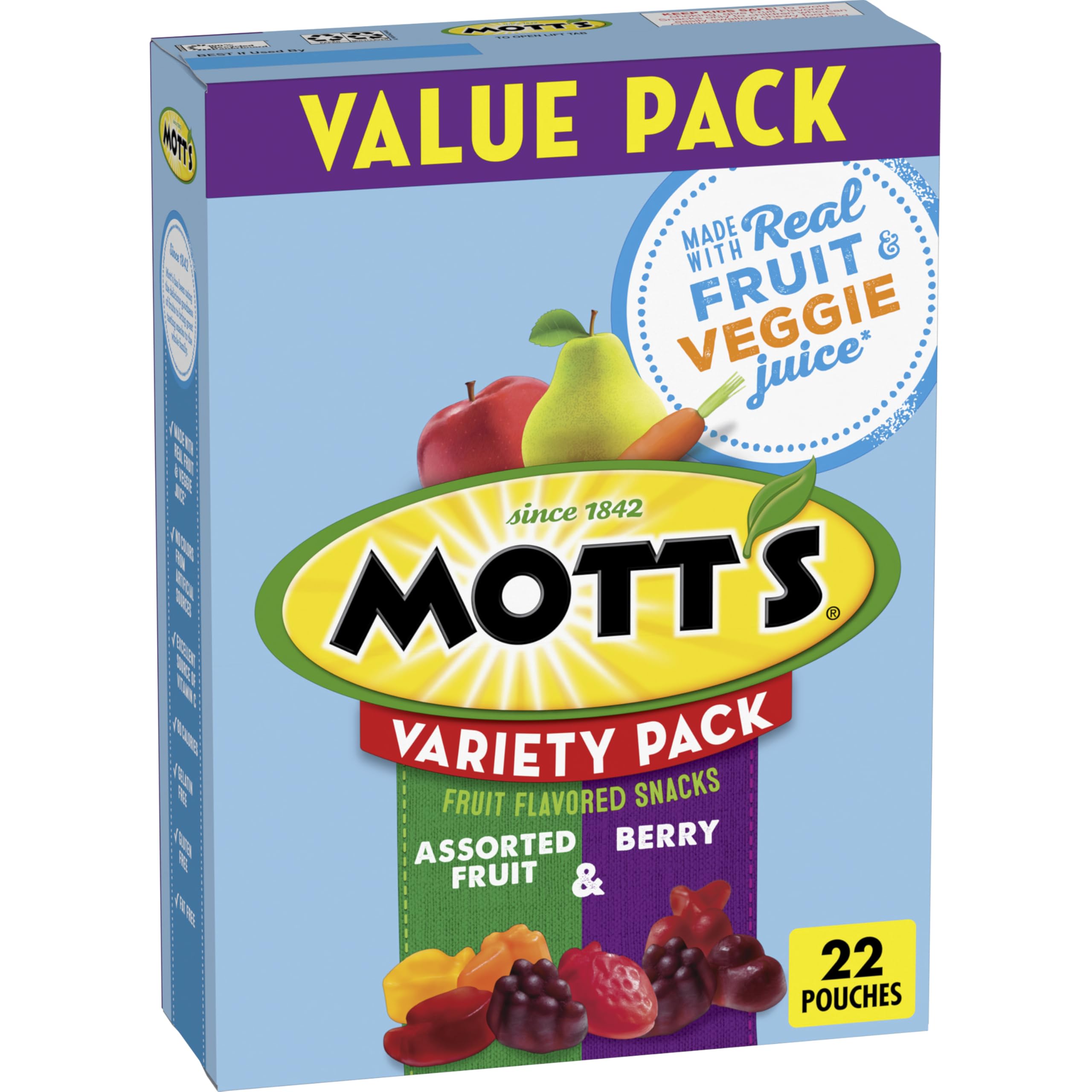 Mott's Berry and Assorted Fruit Snacks pack on shelf, convenient after-school treat.