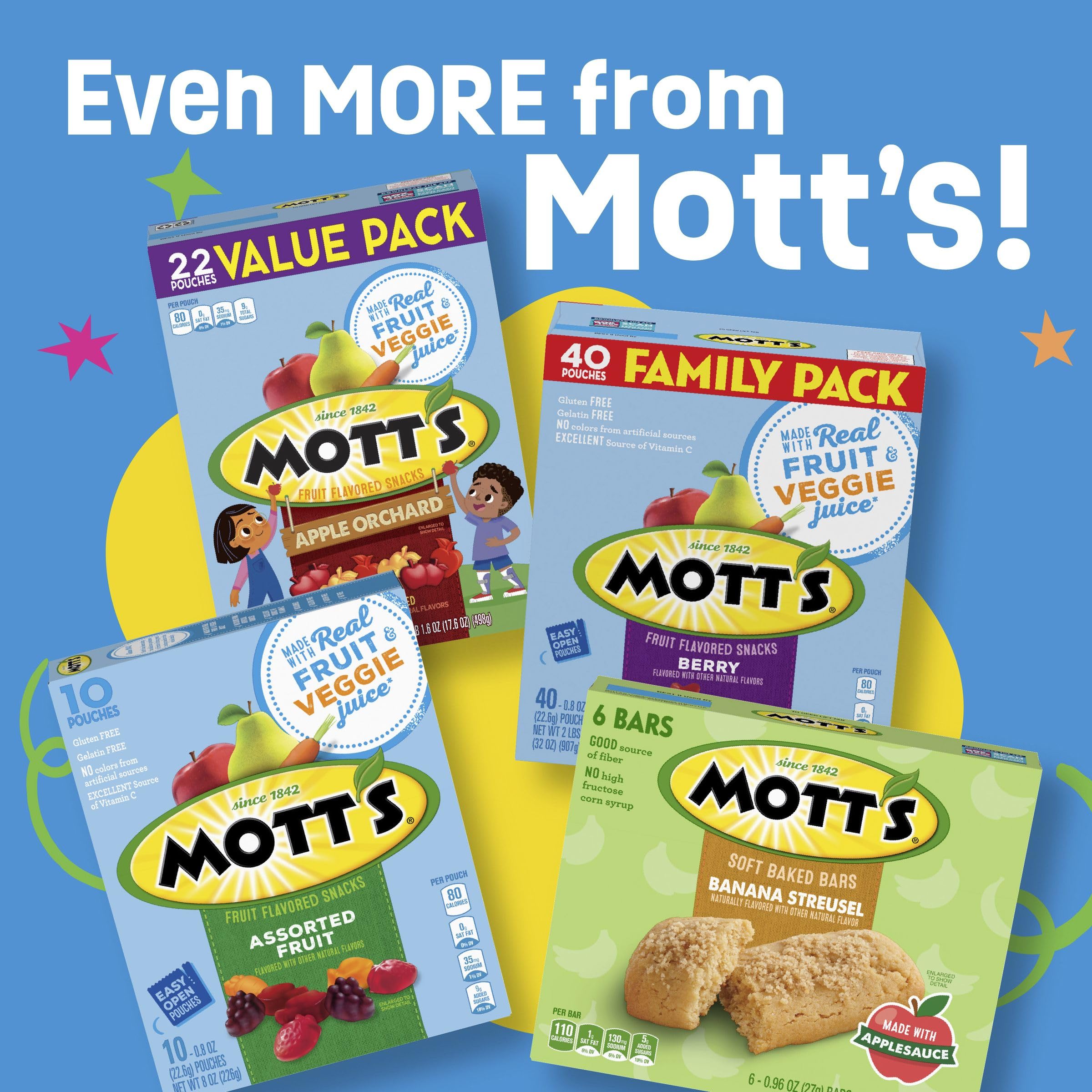 Shelf display of Motts snacks showing convenient pouches and flavors.