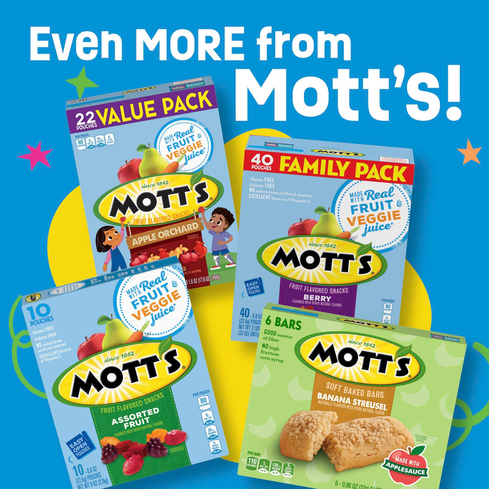 Shelf display of Motts snacks showing convenient pouches and flavors.