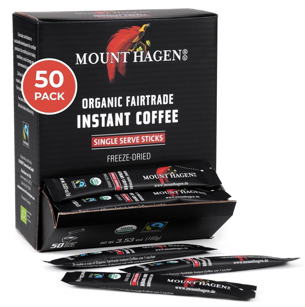 Mount Hagen dispenser box with 50 sticks front view for quick, grab-and-go coffee