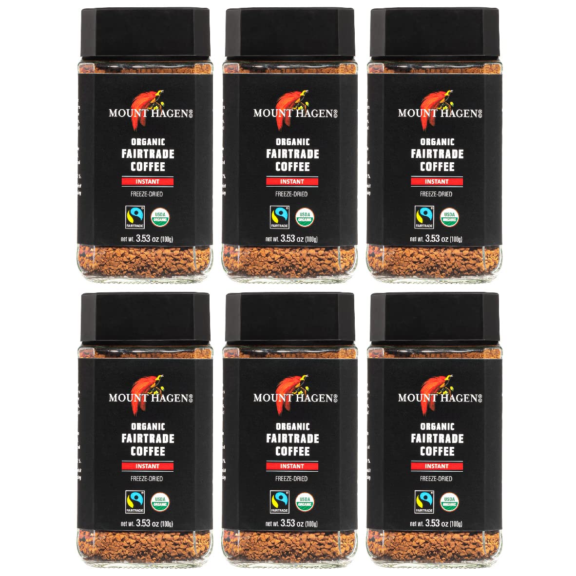 Mount Hagen freeze-dried instant coffee in a glass jar delivering bold, smooth flavor.