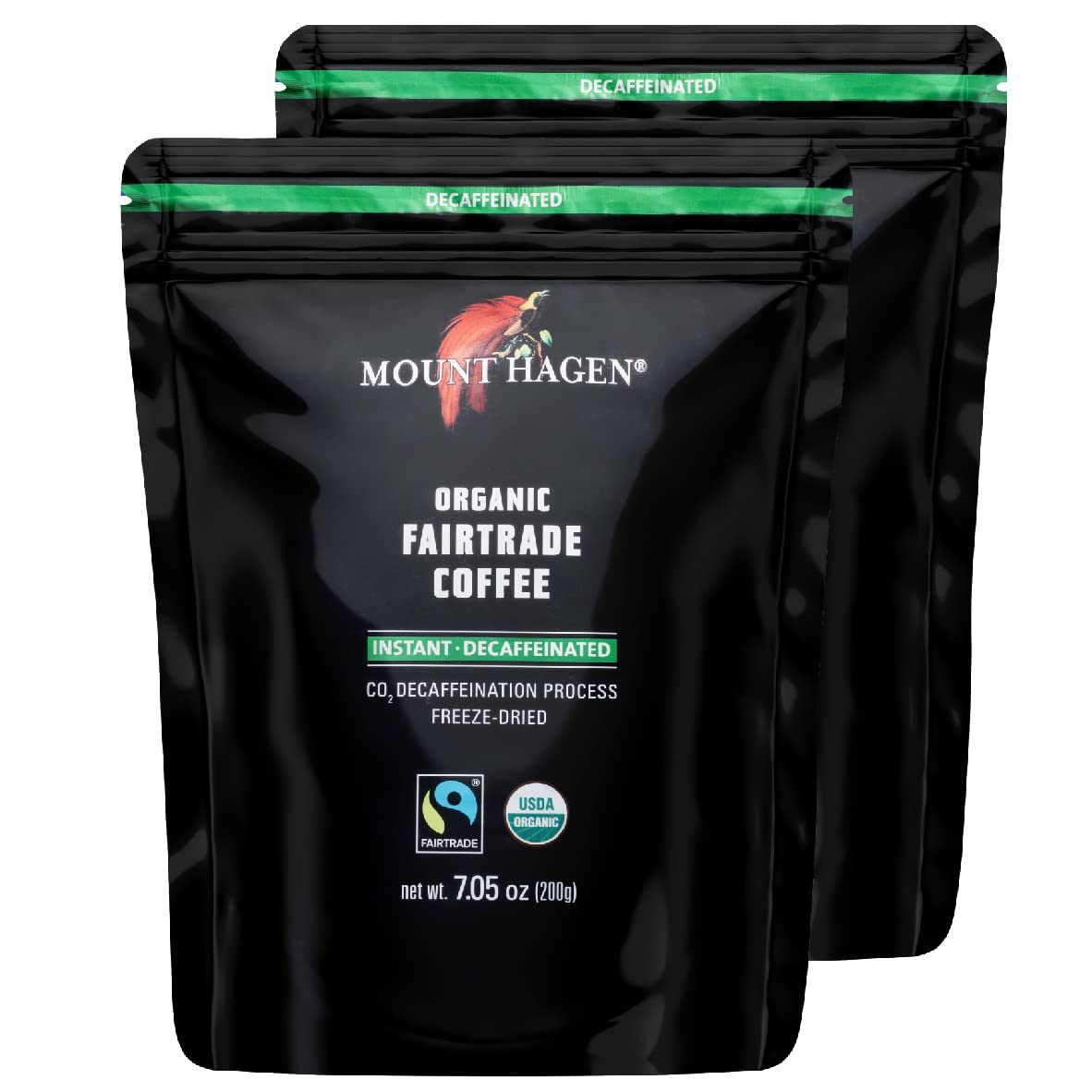 Mount Hagen instant decaf coffee pouch ready for quick caffeine-free cups.