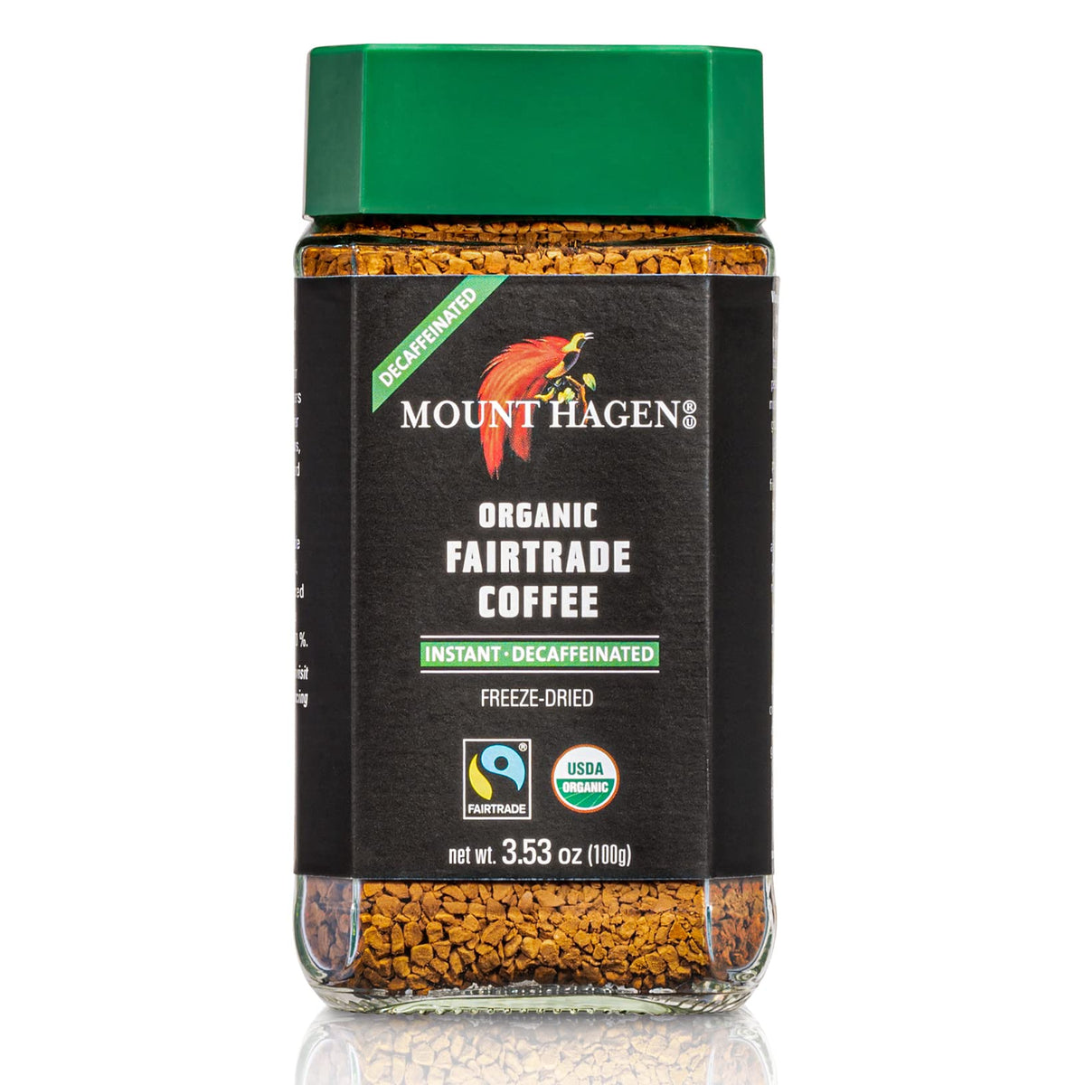 Mount Hagen instant decaf jar shows rich flavor without caffeine, ideal for evenings