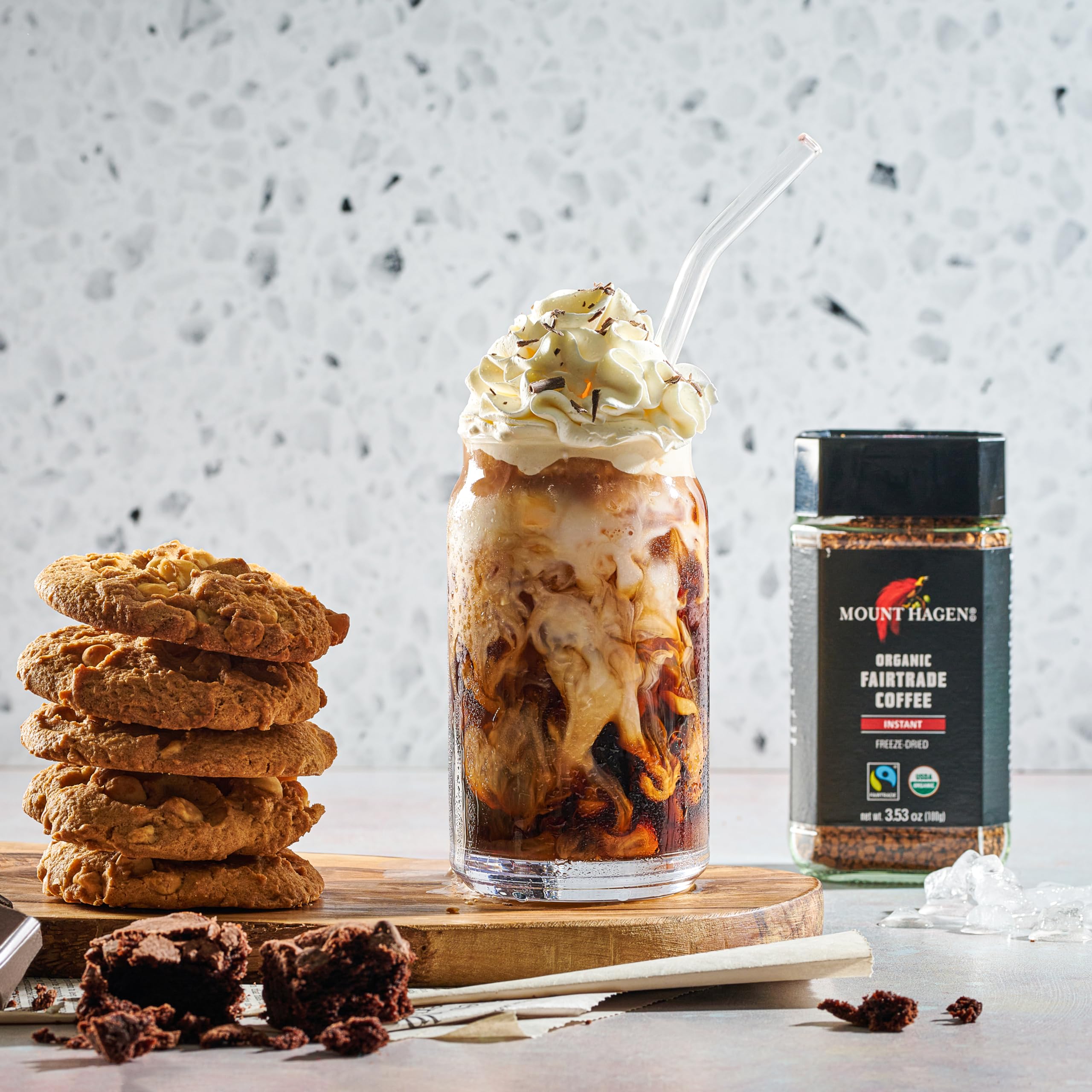 Six-pack of Mount Hagen organic coffee jars for affordable, mess-free caffeine.
