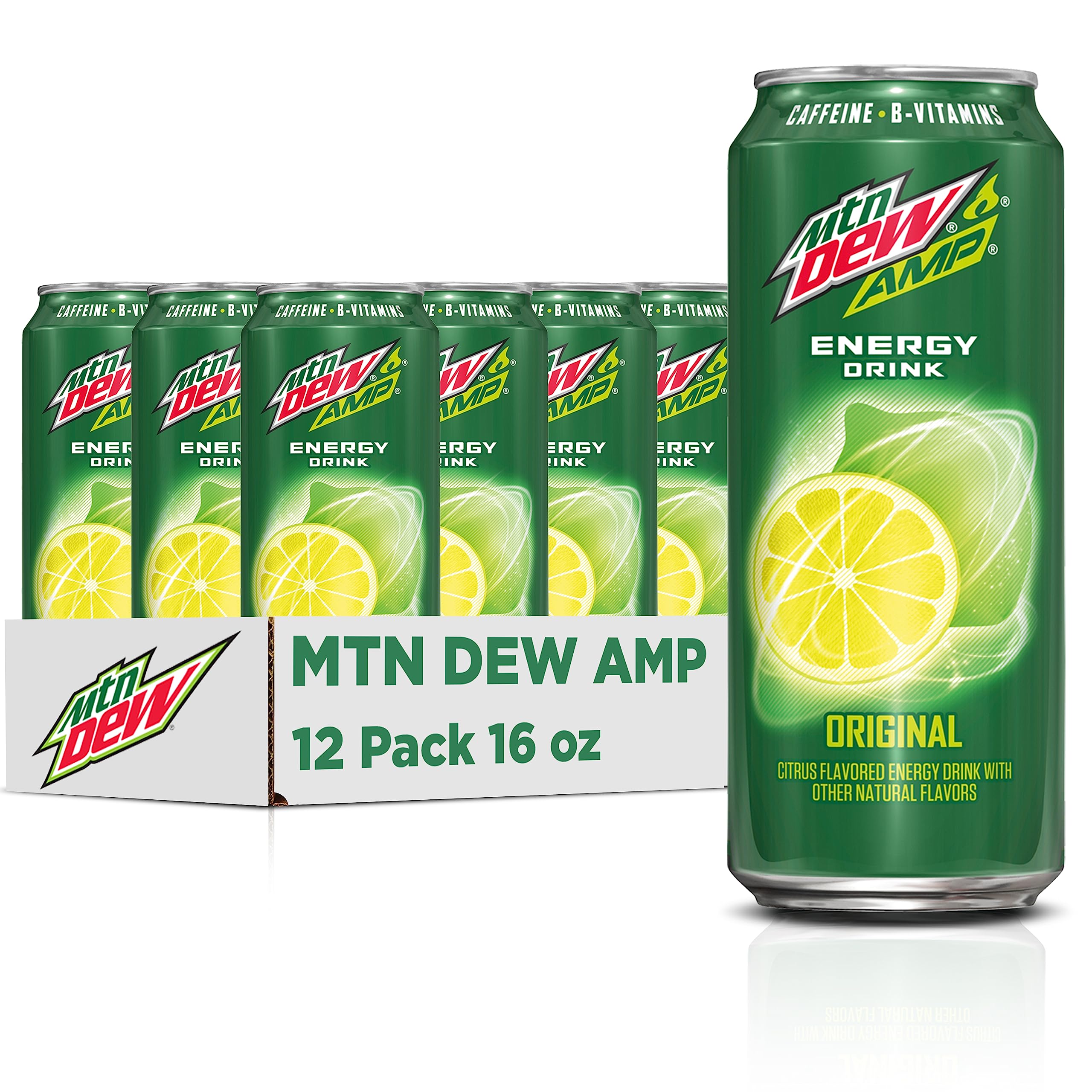 Mountain Dew AMP Energy original cans packshot showcasing bold citrus flavor and energy boost potential.