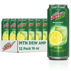 Mountain Dew AMP Energy original cans packshot showcasing bold citrus flavor and energy boost potential.