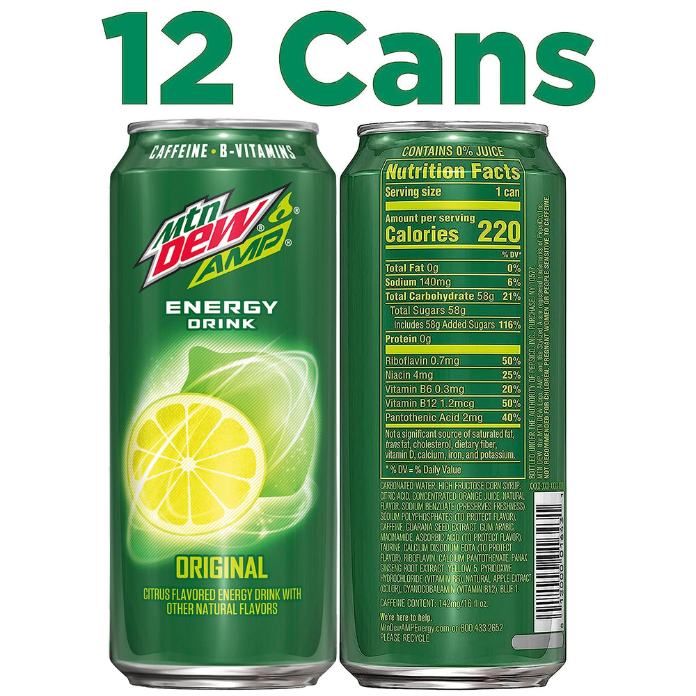 Mountain Dew AMP Energy original cold can closeup emphasizing vibrant labeling and bold flavor.