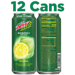 Mountain Dew AMP Energy original cold can closeup emphasizing vibrant labeling and bold flavor.