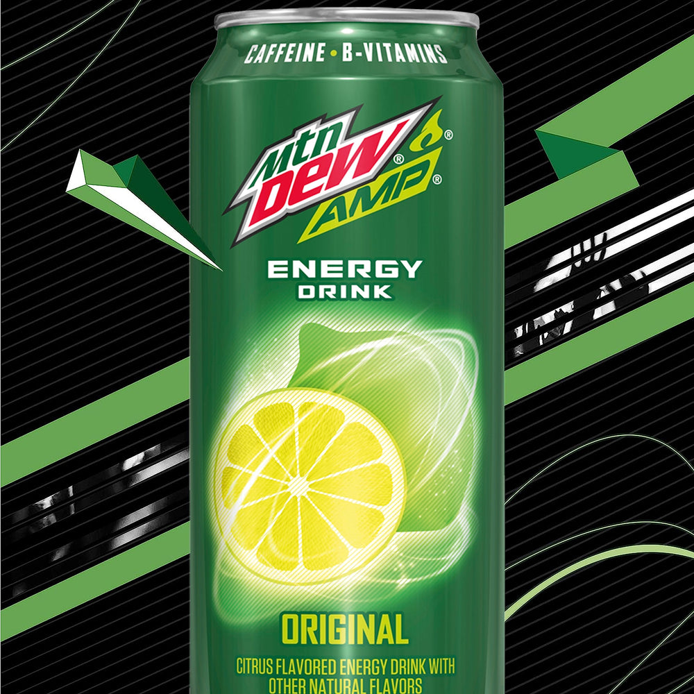 Mountain Dew AMP Energy original side profile highlighting grab-and-go energy for workouts or study.
