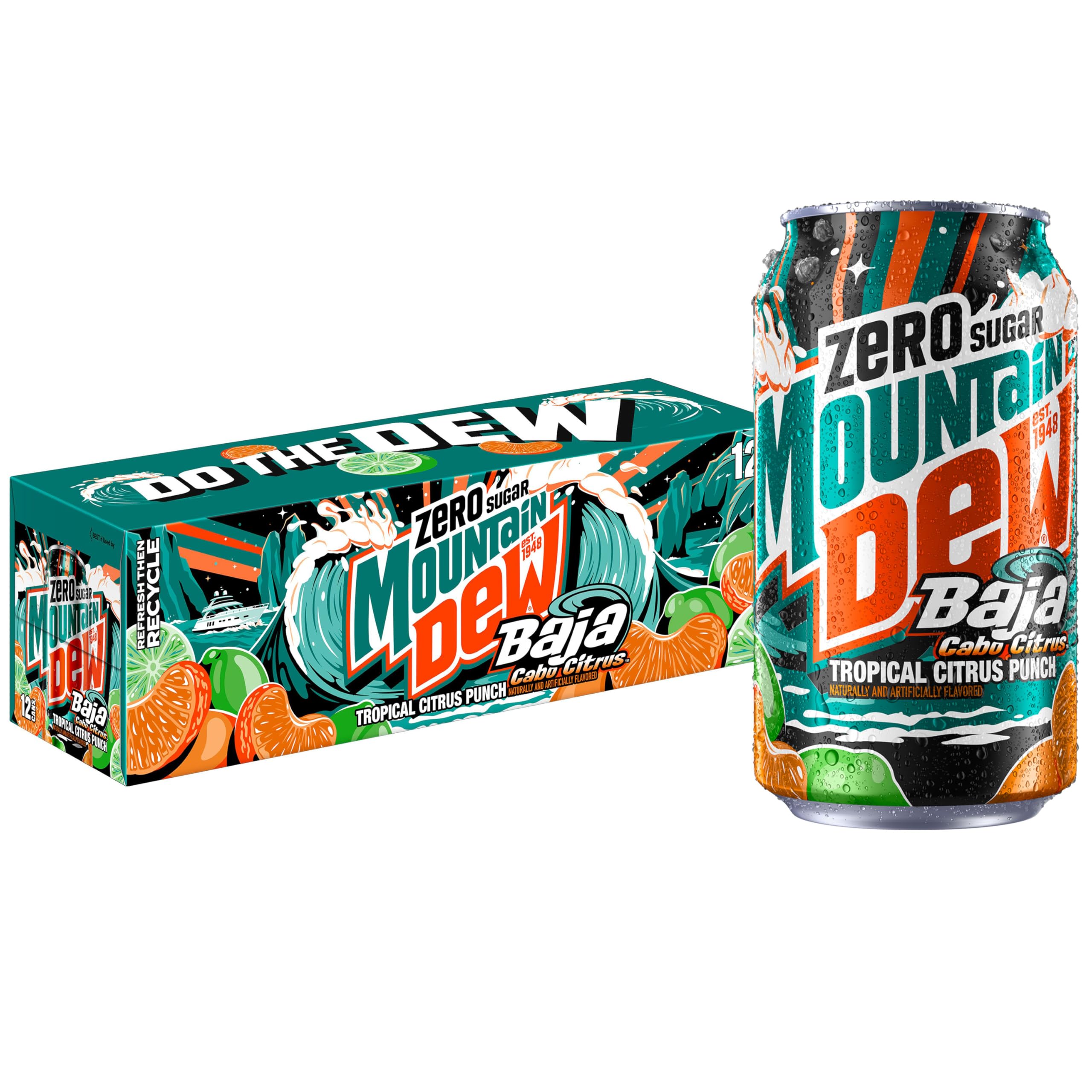 Mountain Dew Baja Cabo Citrus Zero Sugar cans in a multi-pack for easy refreshment.