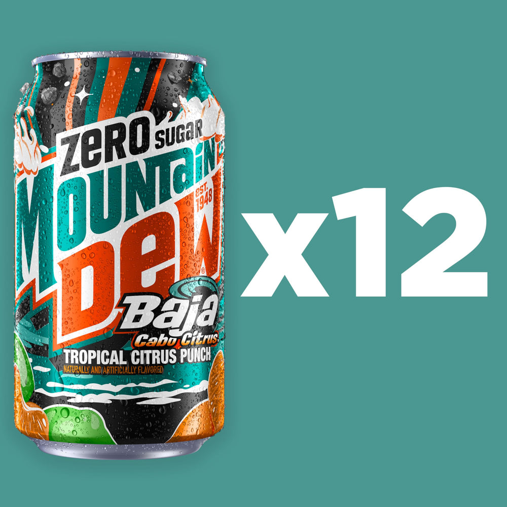 Mountain Dew Baja Cabo Citrus Zero Sugar poured over ice in a glass.