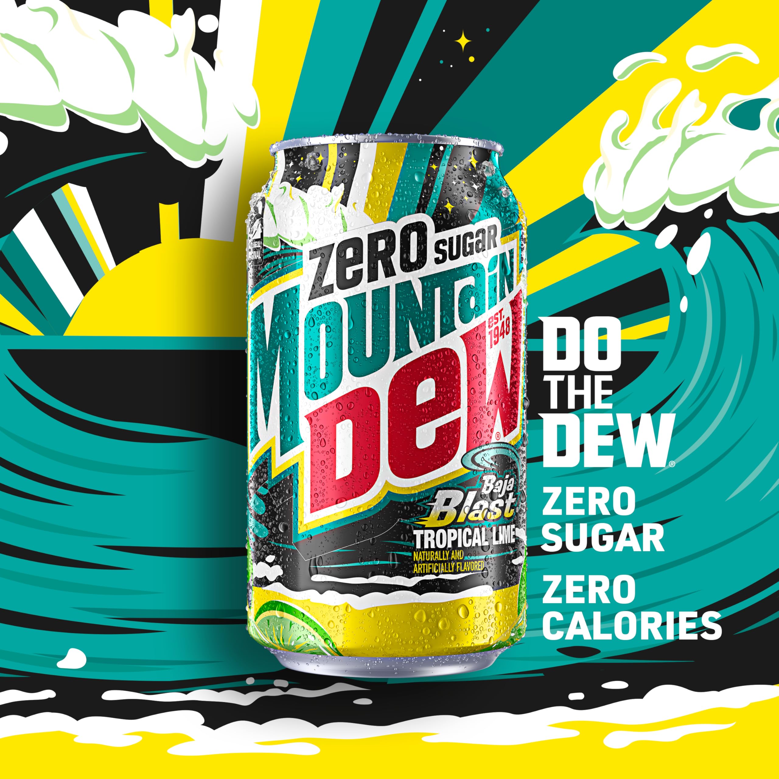 Mountain Dew Baja Cabo Citrus Zero Sugar label showcases zero sugar.