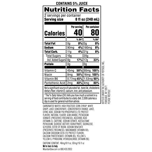 Close-up of Mountain Dew Kickstart Orange Citrus juice label with vitamin notes