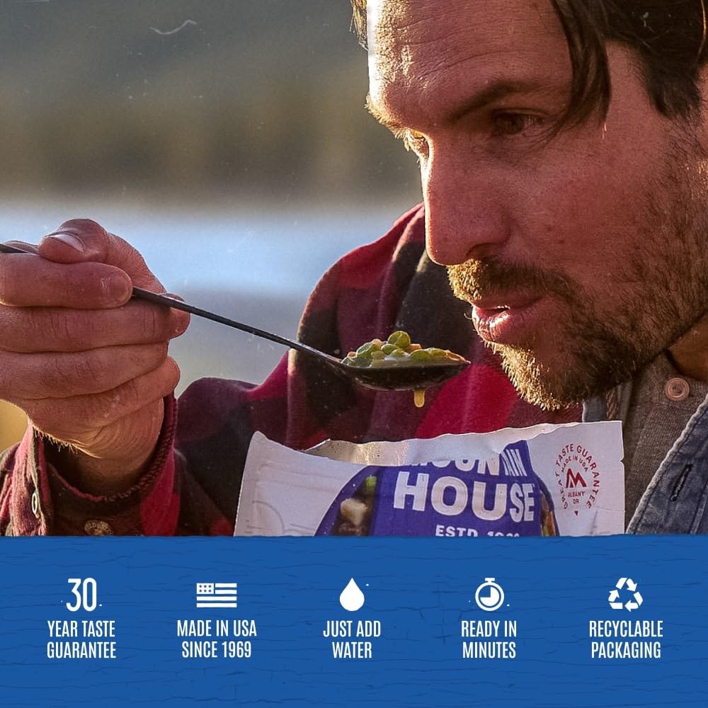 Camp kitchen scene featuring Mountain House Beef Lasagna in a lightweight pouch.