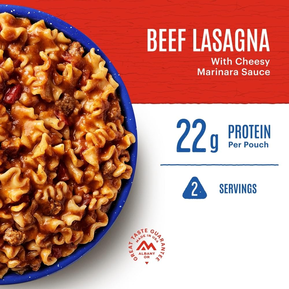 Mountain House Beef Lasagna ready after adding hot water for a fast meal.