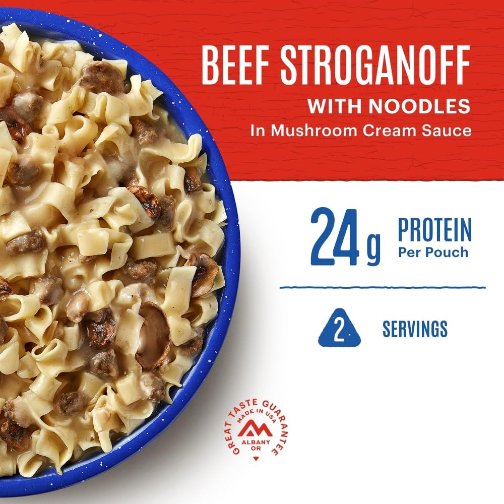 Mountain House Beef Stroganoff in pouch ready to eat after hydration.