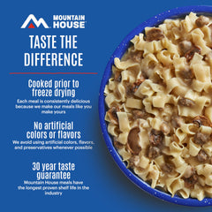 Mountain House biscuits and gravy pack, comforting flavor for emergency meals.