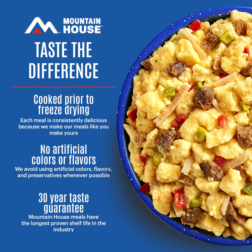 Mountain House chicken fajita bowl featuring sizzling flavor in a convenient pouch.