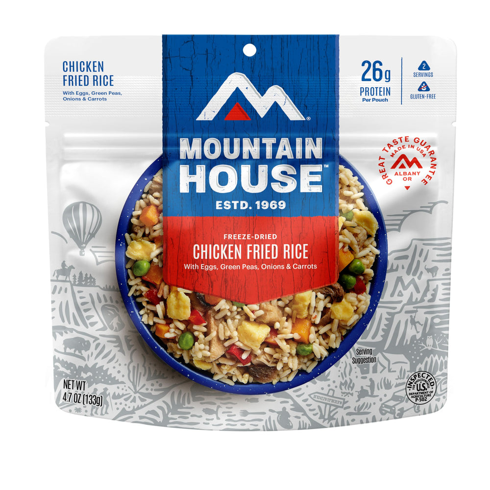 Mountain House Chicken Fried Rice pack — ready-to-eat camp meal, gluten-free, two servings.