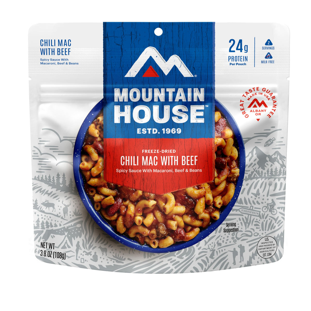 Mountain House Chili Mac with Beef pouch ready-to-eat for quick outdoor meals.